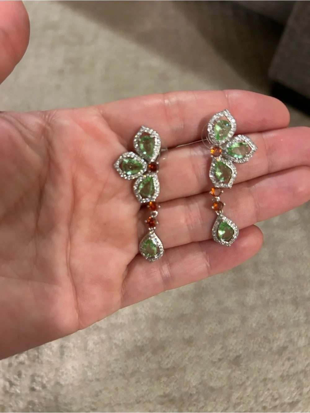 Anthropologie Silver Drop Earrings with Green and Amber Crystals